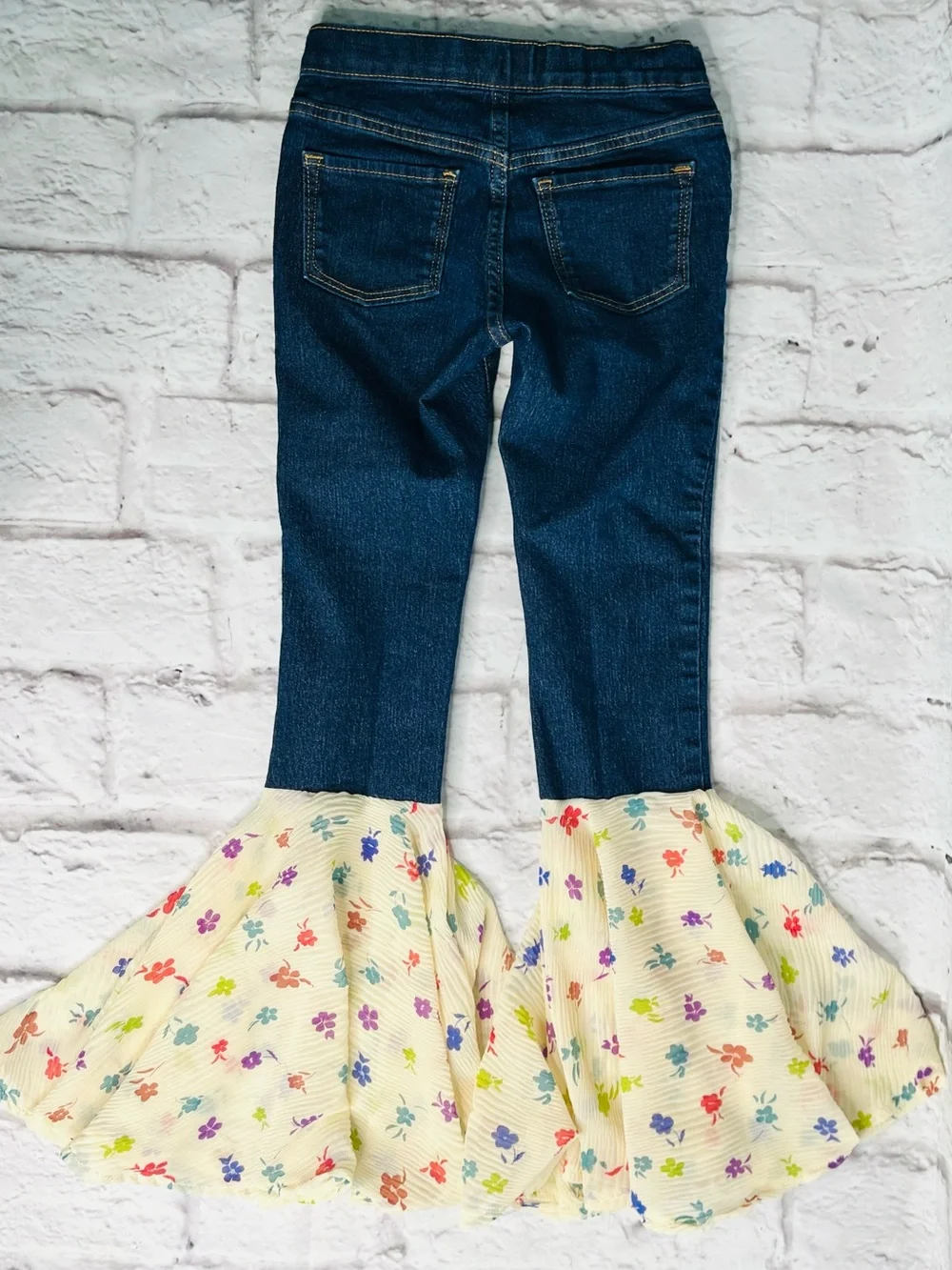 Girls' upcycled Dark Blue Denim Bell-Bottoms with Cream Floral Ruffles size 8